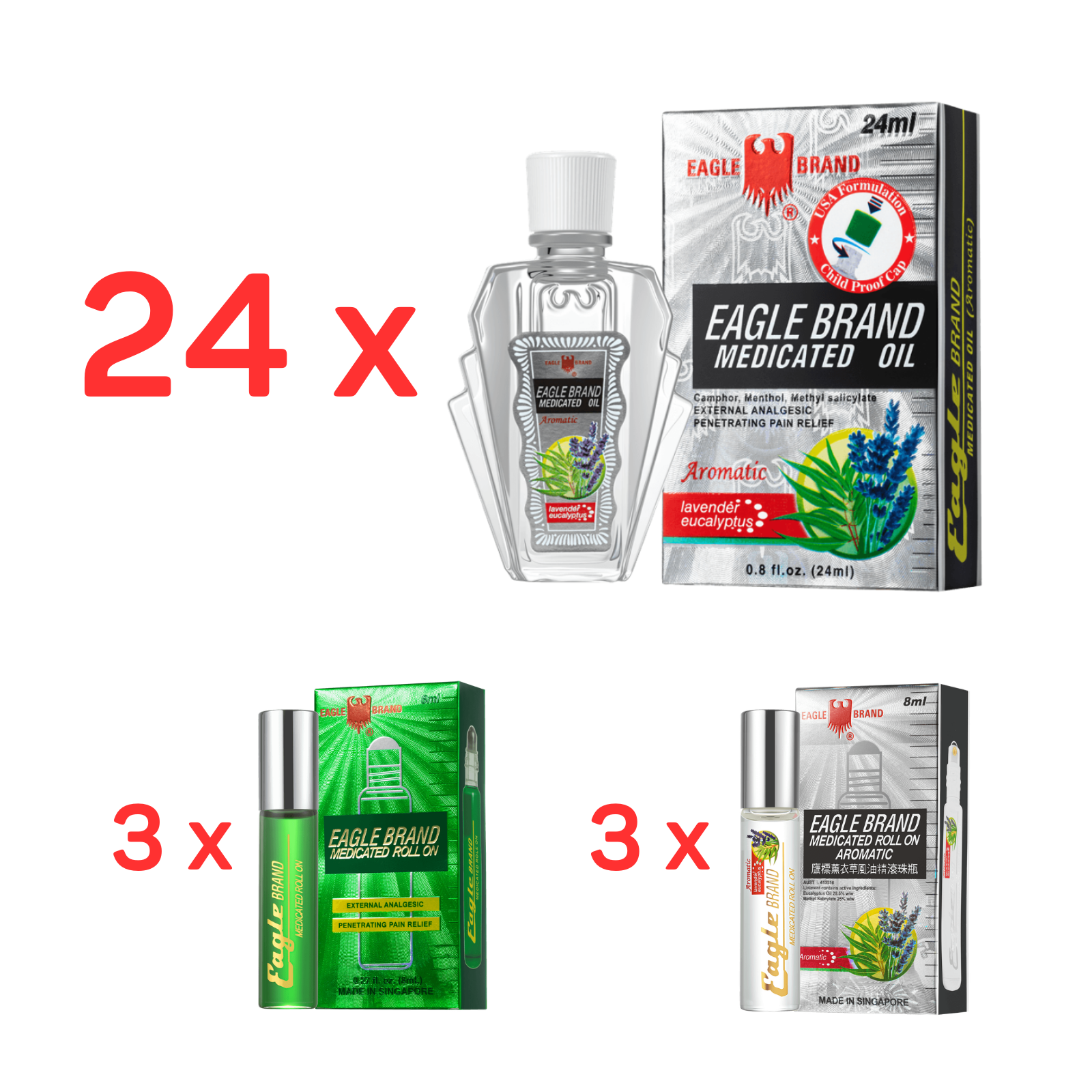 2 Eagle Brand White Medicated Oil 12 x 24ml (Free 6 roll on 8ml)