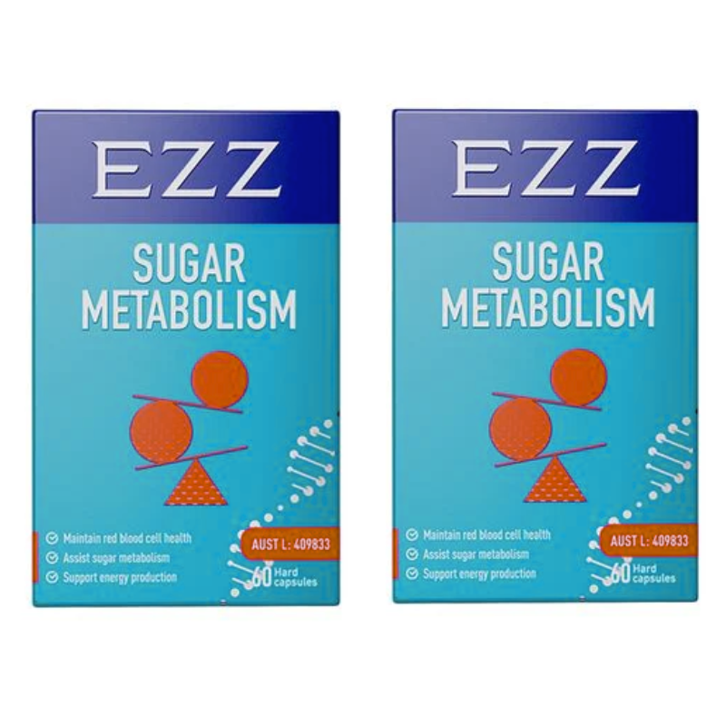 2 x EZZ Sugar Metabolism 60 Capsules twin pack for healthy blood glucose metabolism and metabolic health.