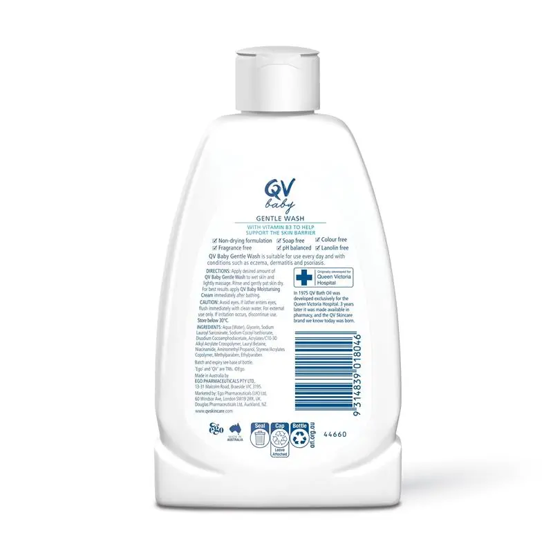 2 x QV Baby Gentle Wash 250g soap-free baby hair and body wash twin pack for delicate skin.
