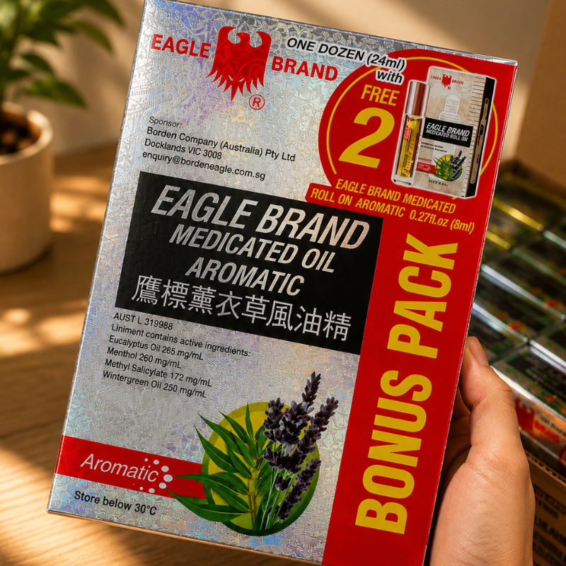 Eagle Brand White Medicated Oil value pack with 12 bottles of 24ml medicated oil and 2 roll-on bottles of 8ml for convenient soothing relief.