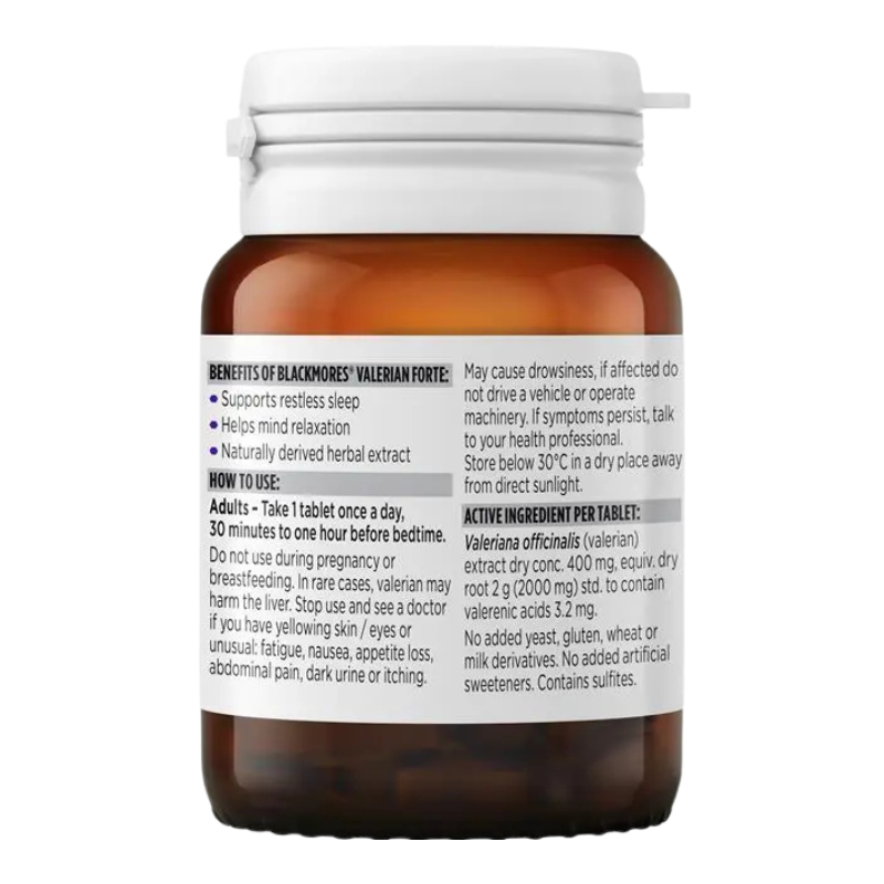 An amber glass bottle of Valerian Root dietary supplement with a white cap, showing the back label with text details on a white background.