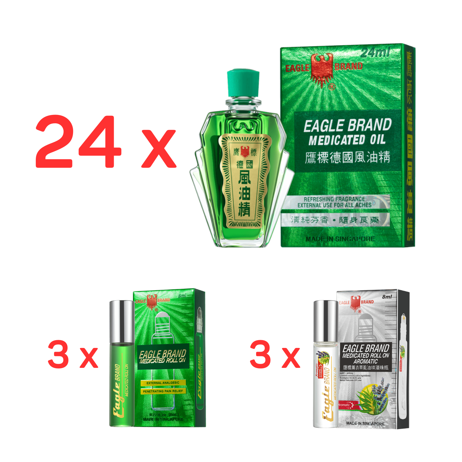 2 Eagle Brand Green Medicated Oil 12 x 24ml (Free 6 roll on 8ml)