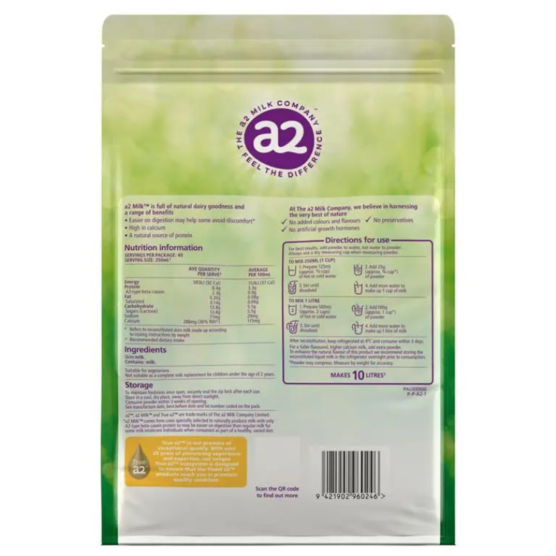 A2 Milk Skim Milk Powder 1kg from New Zealand. Low fat dairy nutrition with a smooth taste and worldwide delivery.
