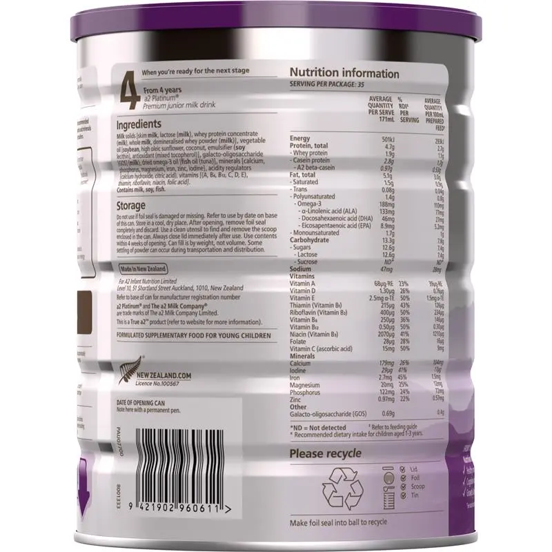 A2 Platinum Premium Toddler Milk Drink Stage 3 900g tin, toddler milk formula for children 1 year+ with A2 protein for digestion and growth support
