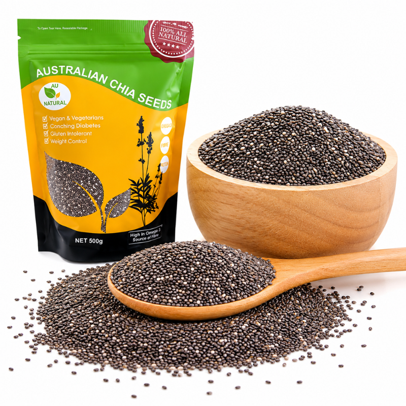 AU Natural Australian Chia Seeds 500g premium Australian whole chia seeds in a resealable pack.