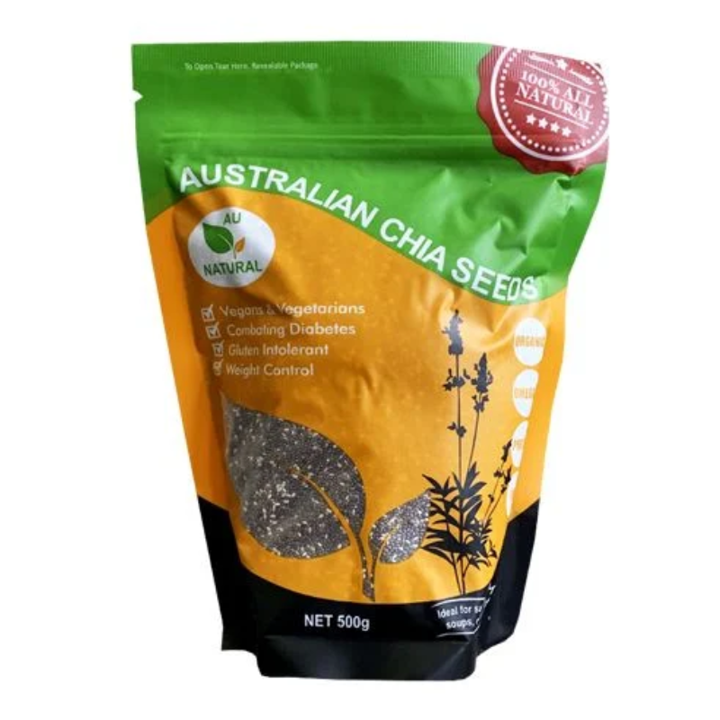 AU Natural Australian Chia Seeds 500g premium Australian whole chia seeds in a resealable pack.