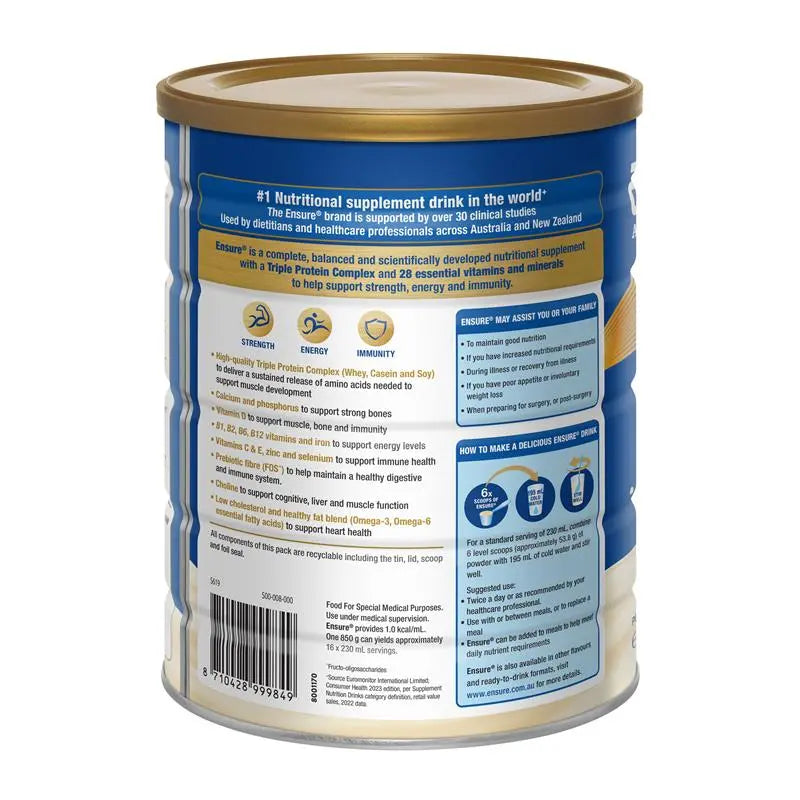 Abbott Ensure Vanilla 850g high protein nutritional supplement powder