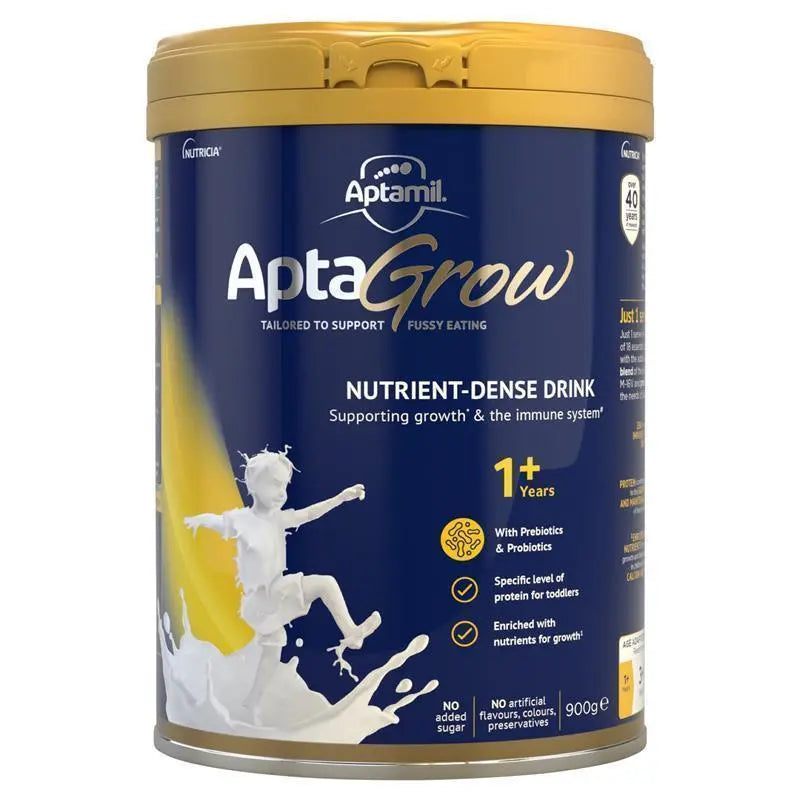 Aptamil AptaGrow 1+ Years 900g tin packaging, nutritional milk drink for toddlers 1+ year supporting growth, immunity and digestion