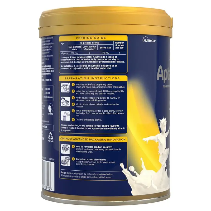 Aptamil AptaGrow 1+ Years 900g tin packaging, nutritional milk drink for toddlers 1+ year supporting growth, immunity and digestion