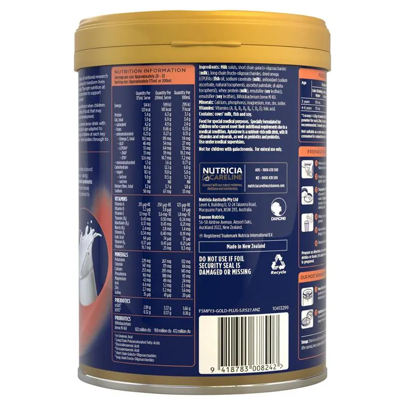 Aptamil AptaGrow 3+ Years 900g tin packaging, nutrient-dense milk drink for children 3+ years supporting growth, immunity and daily nutrition