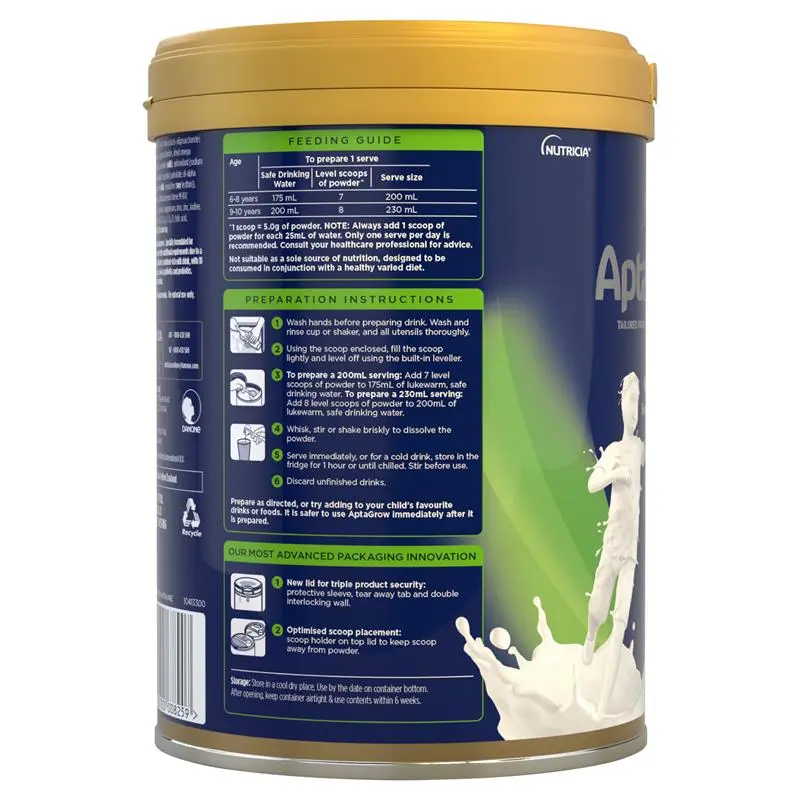 Aptamil AptaGrow 6+ Years 900g tin packaging, nutrient-dense milk drink for children 6+ years supporting growth, immunity and daily school-age nutrition