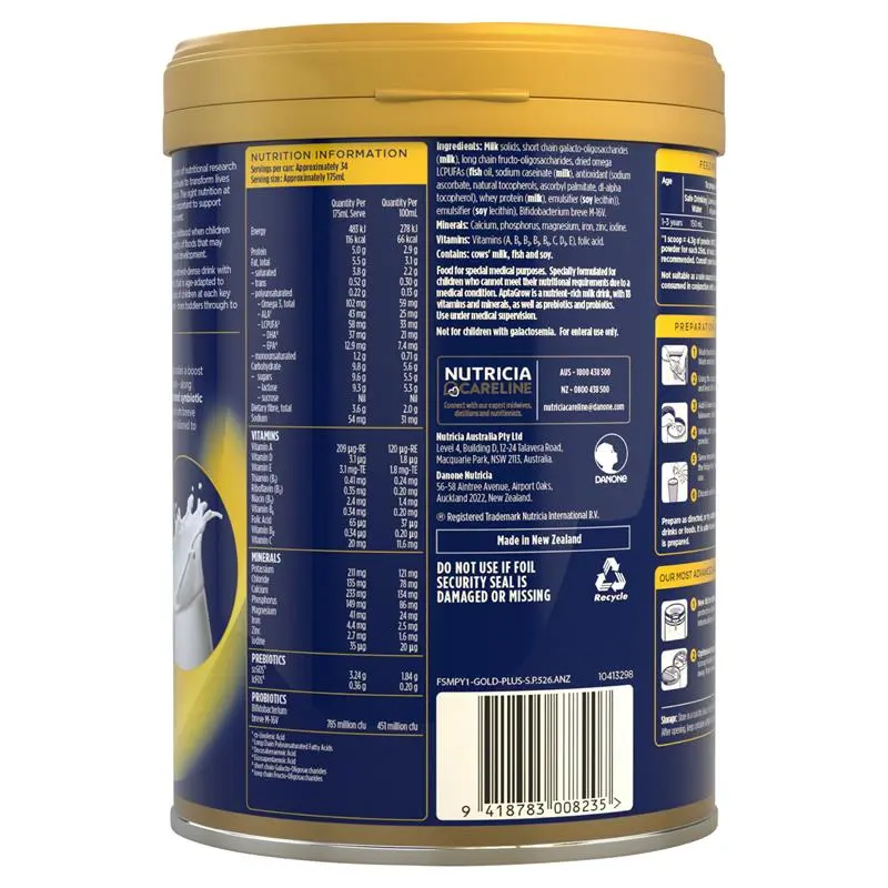 Aptamil AptaGrow 1+ Years 900g tin packaging, nutritional milk drink for toddlers 1+ year supporting growth, immunity and digestion