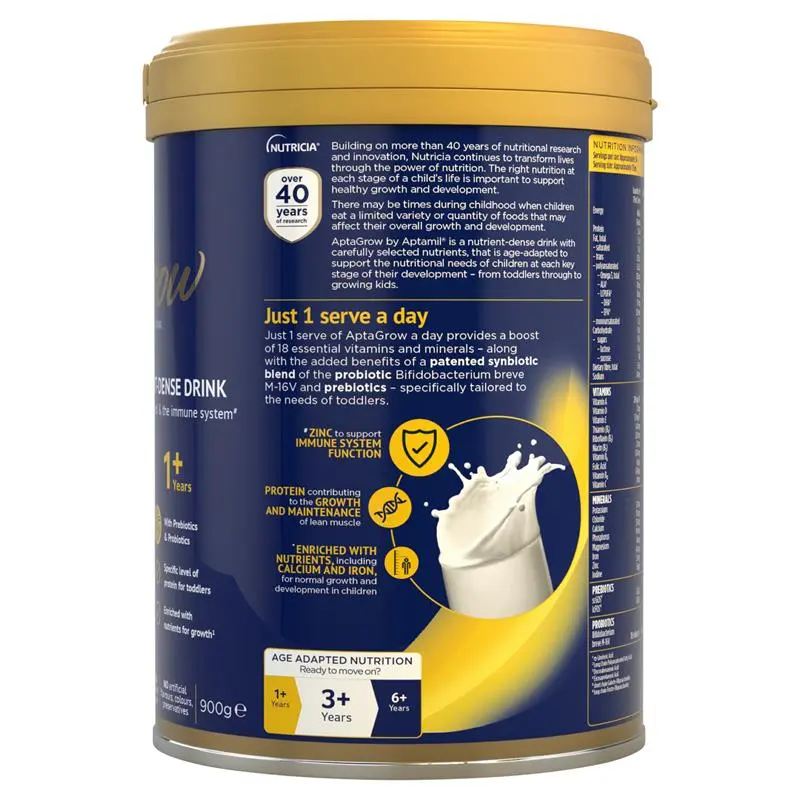 Aptamil AptaGrow 1+ Years 900g tin packaging, nutritional milk drink for toddlers 1+ year supporting growth, immunity and digestion