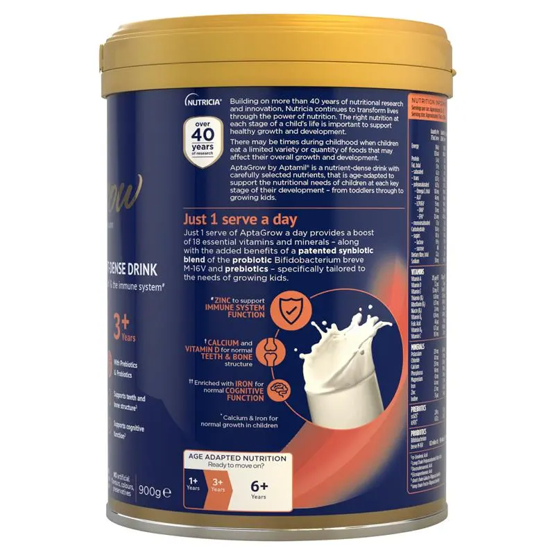 Aptamil AptaGrow 3+ Years 900g tin packaging, nutrient-dense milk drink for children 3+ years supporting growth, immunity and daily nutrition