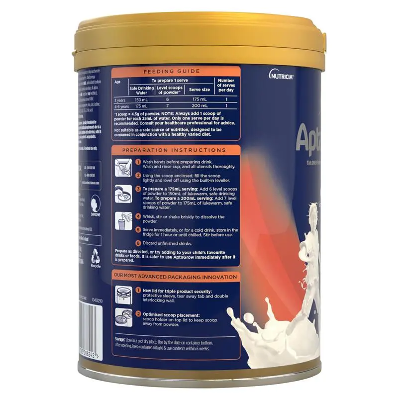 Aptamil AptaGrow 3+ Years 900g tin packaging, nutrient-dense milk drink for children 3+ years supporting growth, immunity and daily nutrition