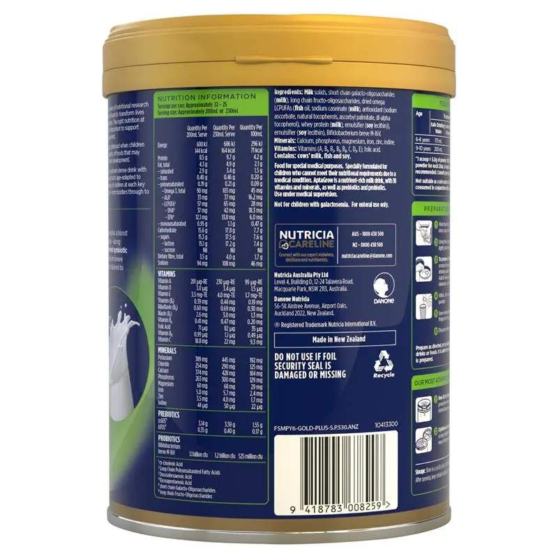 Aptamil AptaGrow 6+ Years 900g tin packaging, nutrient-dense milk drink for children 6+ years supporting growth, immunity and daily school-age nutrition