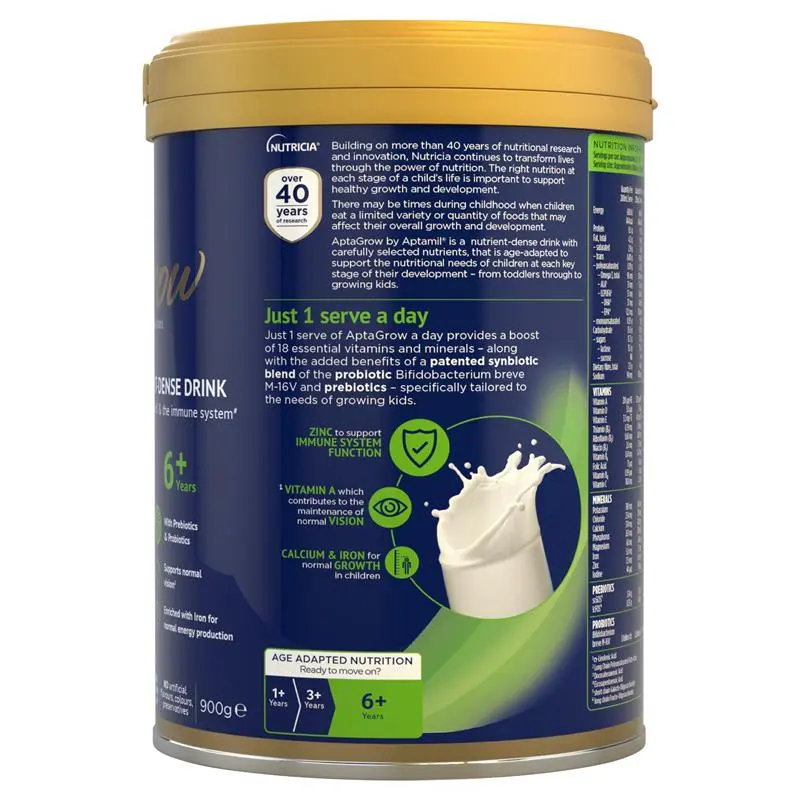 Aptamil AptaGrow 6+ Years 900g tin packaging, nutrient-dense milk drink for children 6+ years supporting growth, immunity and daily school-age nutrition