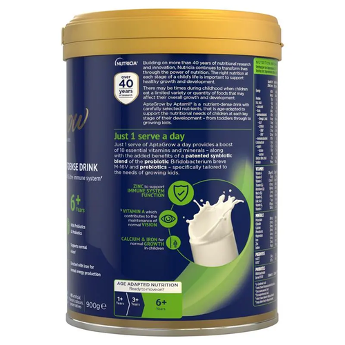 Aptamil AptaGrow 6+ Years 900g tin packaging, nutrient-dense milk drink for children 6+ years supporting growth, immunity and daily school-age nutrition