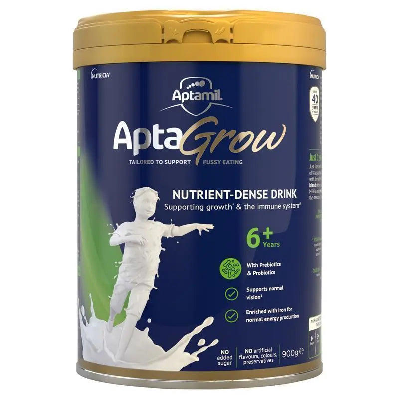 Aptamil AptaGrow 6+ Years 900g tin packaging, nutrient-dense milk drink for children 6+ years supporting growth, immunity and daily school-age nutrition