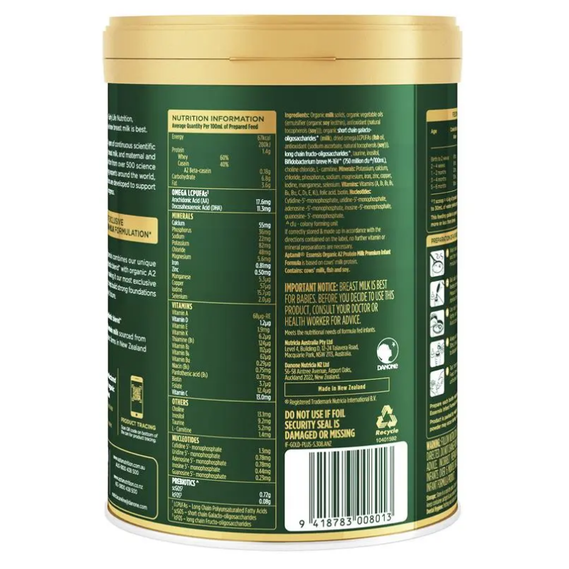 Aptamil Essensis Stage 1 900g tin packaging, premium organic A2 protein infant formula for newborn babies 0–6 months supporting digestion, immunity and early growth