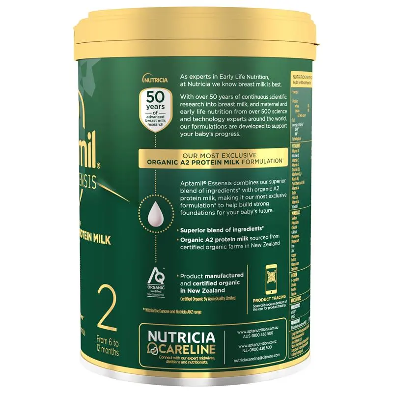 Aptamil Essensis Stage 2 900g tin packaging, premium organic A2 follow-on formula for babies 6–12 months supporting digestion, immunity and growth