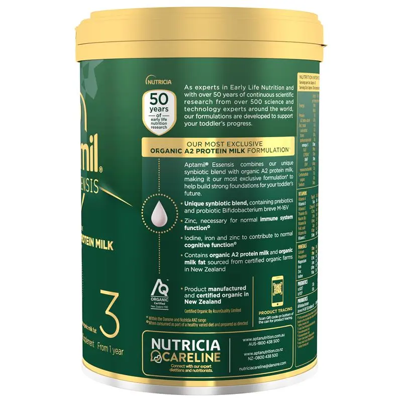Aptamil Essensis Stage 3 900g tin packaging, premium organic A2 toddler milk drink for children 1+ years supporting growth, digestion and immunity