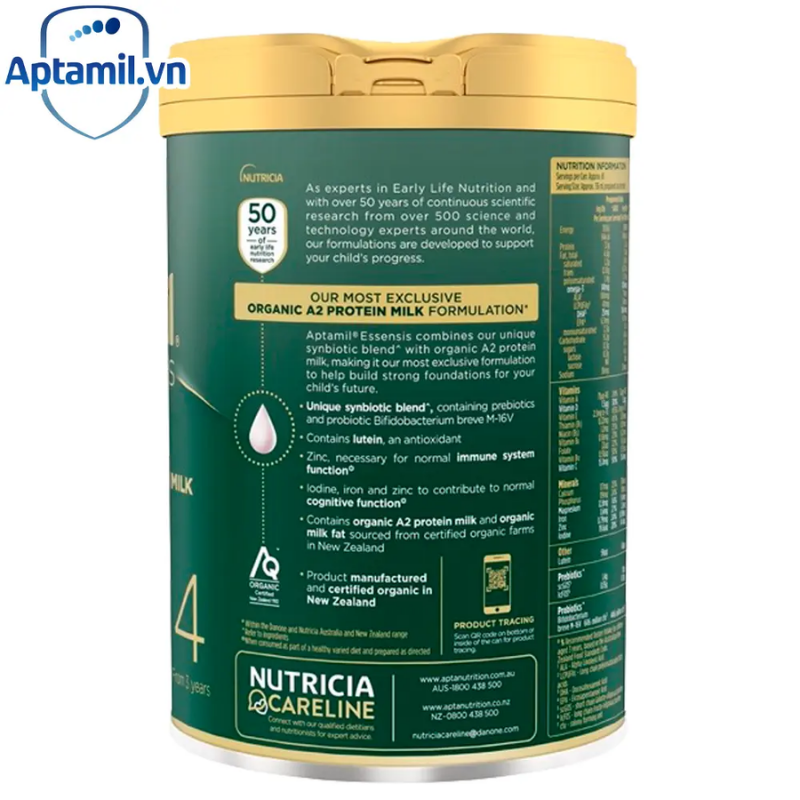 Aptamil Essensis Stage 4 900g tin packaging, premium organic A2 junior milk drink for children 2+ years supporting growth, immunity and daily nutrition