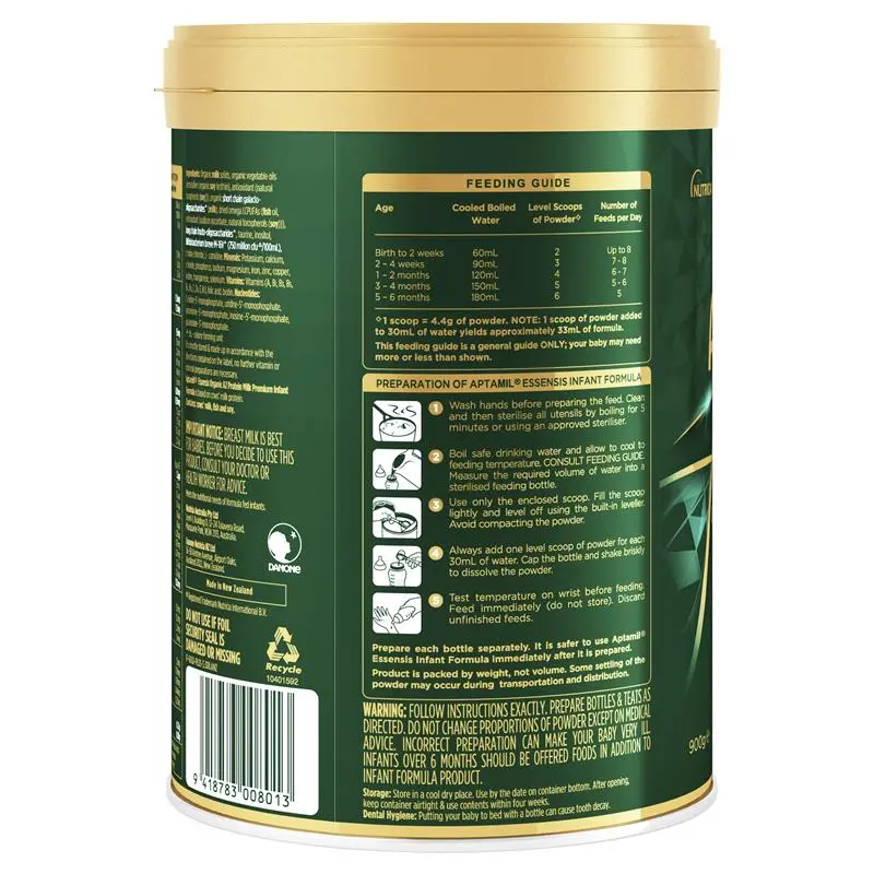 Aptamil Essensis Stage 1 900g tin packaging, premium organic A2 protein infant formula for newborn babies 0–6 months supporting digestion, immunity and early growth