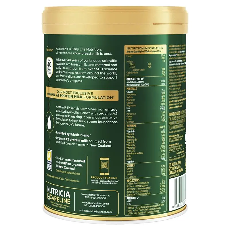 Aptamil Essensis Stage 1 900g tin packaging, premium organic A2 protein infant formula for newborn babies 0–6 months supporting digestion, immunity and early growth