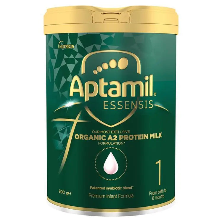 Aptamil Essensis Stage 1 900g tin packaging, premium organic A2 protein infant formula for newborn babies 0–6 months supporting digestion, immunity and early growth