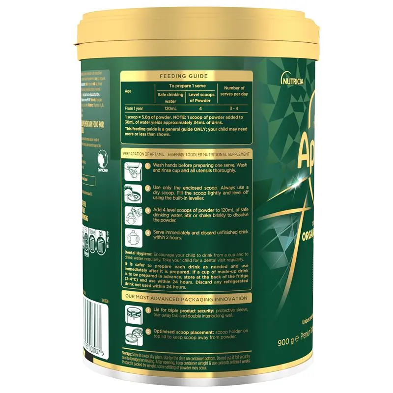 Aptamil Essensis Stage 3 900g tin packaging, premium organic A2 toddler milk drink for children 1+ years supporting growth, digestion and immunity