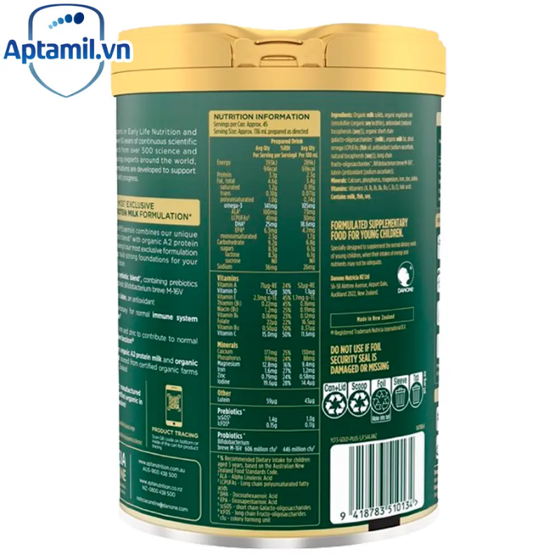 Aptamil Essensis Stage 4 900g tin packaging, premium organic A2 junior milk drink for children 2+ years supporting growth, immunity and daily nutrition
