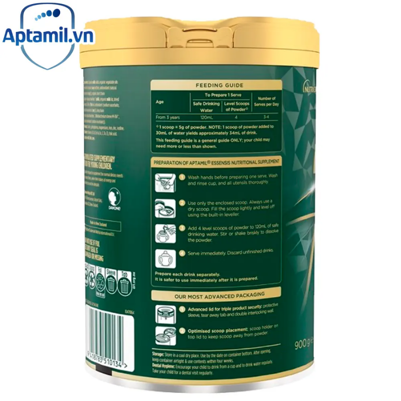 Aptamil Essensis Stage 4 900g tin packaging, premium organic A2 junior milk drink for children 2+ years supporting growth, immunity and daily nutrition