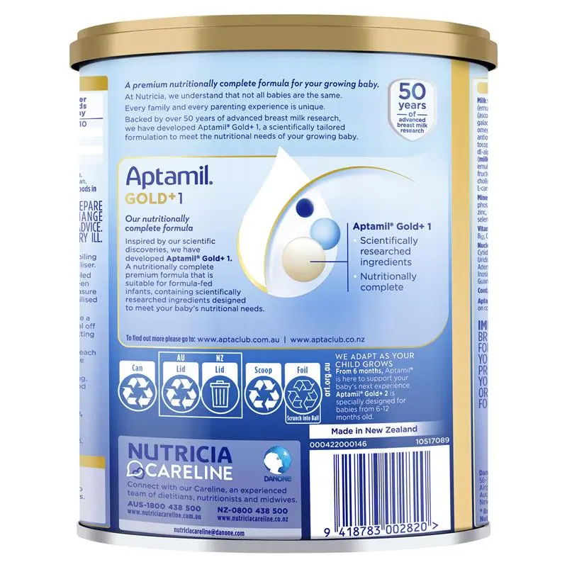 Aptamil Gold+ 1 900g tin packaging, premium infant formula for newborn babies 0–6 months supporting growth, digestion, brain and immune development