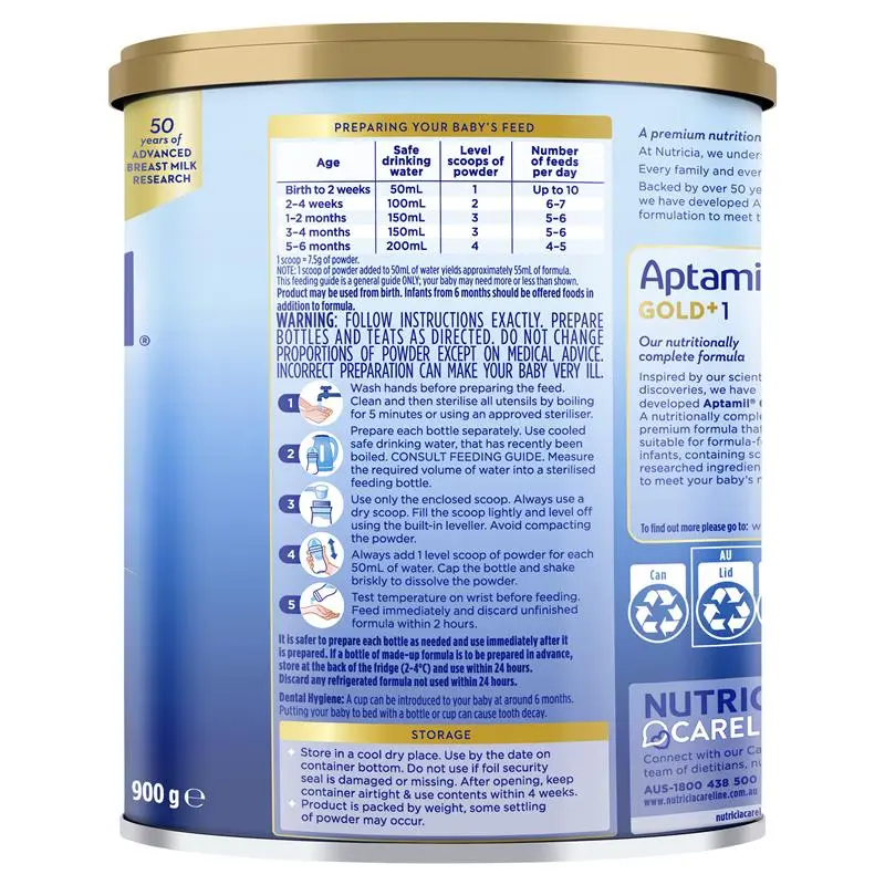 Aptamil Gold+ 1 900g tin packaging, premium infant formula for newborn babies 0–6 months supporting growth, digestion, brain and immune development