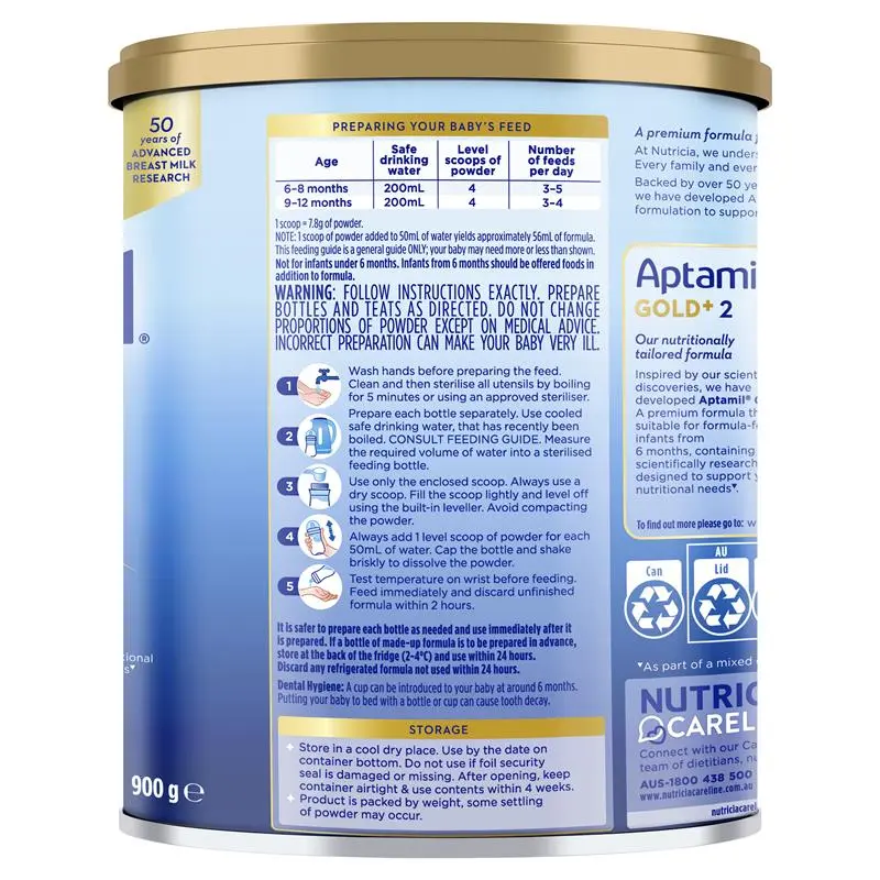 Aptamil Gold+ 2 900g tin packaging, premium follow-on formula for babies 6–12 months supporting growth, digestion and immune development