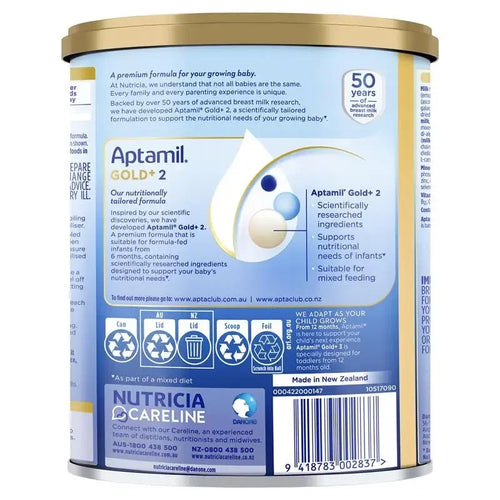 Aptamil Gold+ 2 900g tin packaging, premium follow-on formula for babies 6–12 months supporting growth, digestion and immune development