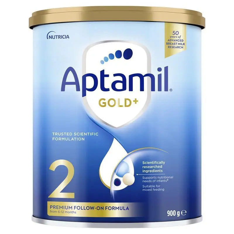 Aptamil Gold+ 2 900g tin packaging, premium follow-on formula for babies 6–12 months supporting growth, digestion and immune development