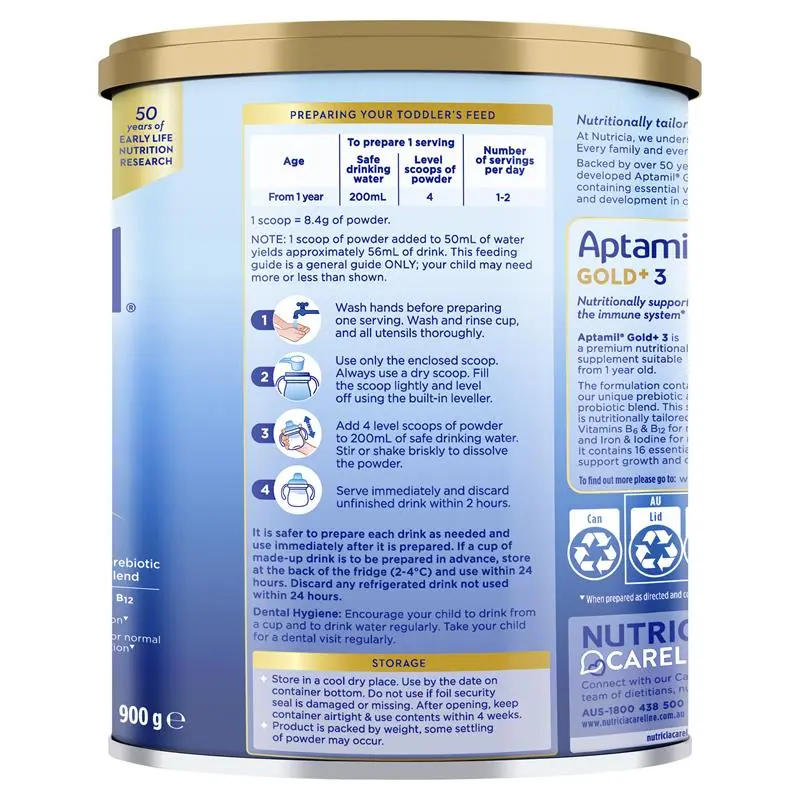 Aptamil Gold+ 3 900g tin packaging, premium toddler milk drink for children 1+ years supporting growth, immunity and digestion