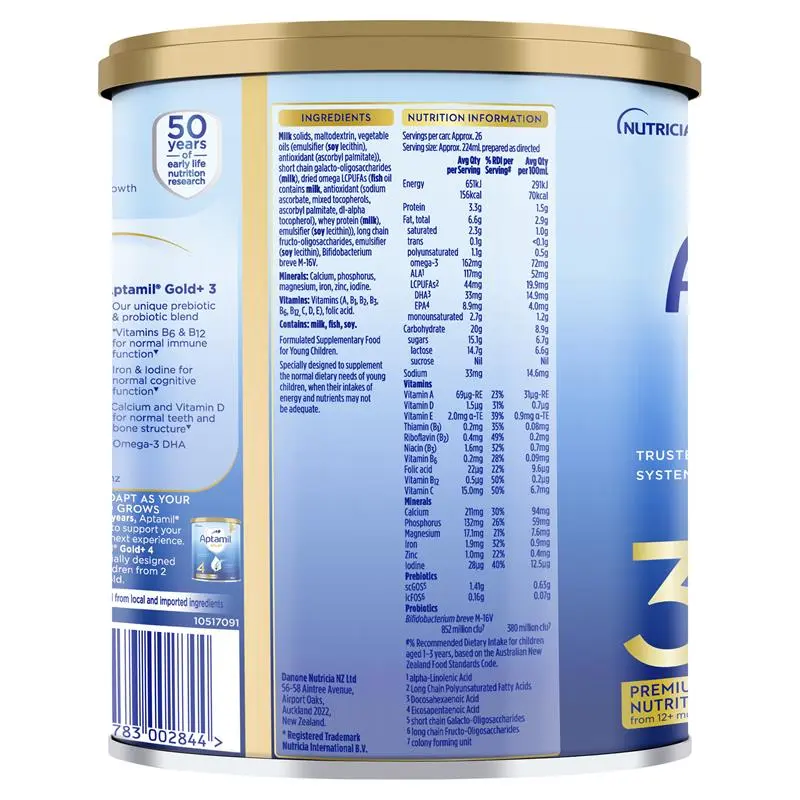 Aptamil Gold+ 3 900g tin packaging, premium toddler milk drink for children 1+ years supporting growth, immunity and digestion