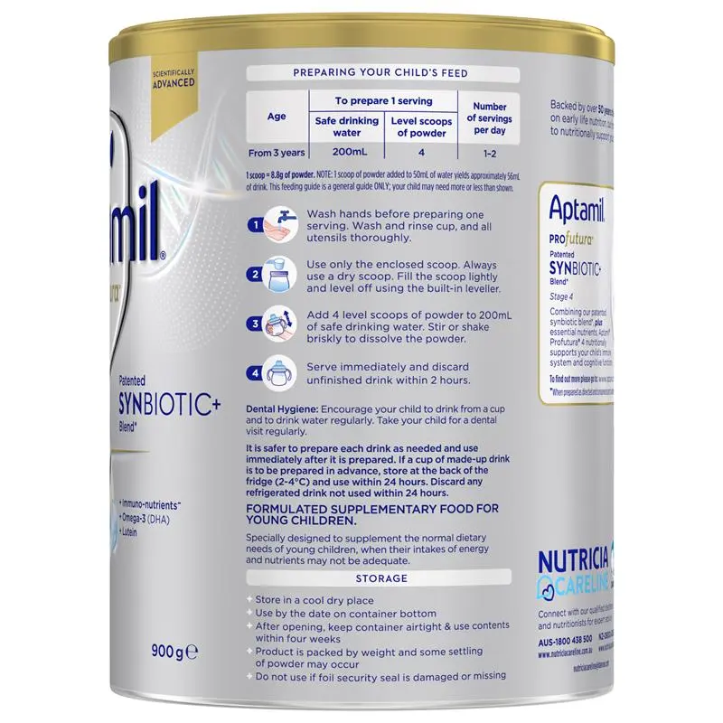 Aptamil Profutura Stage 4 900g tin packaging, premium junior milk drink for children 2+ years supporting growth, immunity, digestion and cognitive development