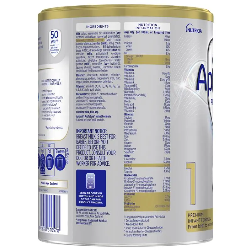 Aptamil Profutura Stage 1 800g tin packaging, premium infant formula for newborn babies 0–6 months supporting brain development, digestion and immune system health