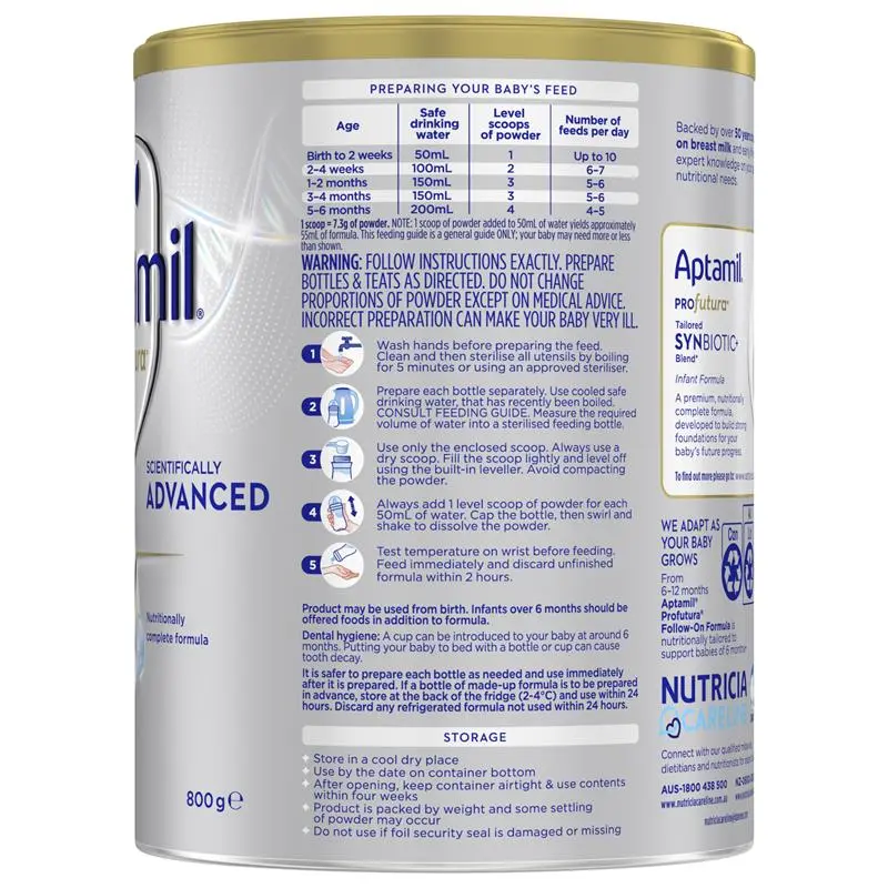 Aptamil Profutura Stage 1 800g tin packaging, premium infant formula for newborn babies 0–6 months supporting brain development, digestion and immune system health