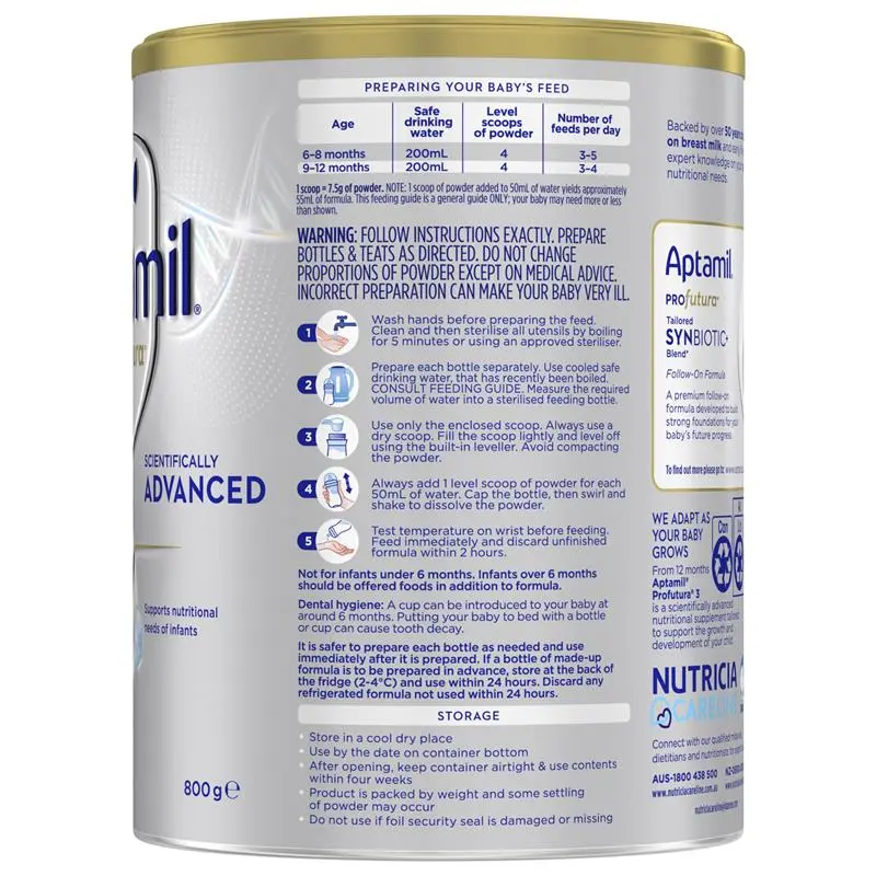 Aptamil Profutura Stage 2 800g tin packaging, premium follow-on infant formula for babies 6–12 months supporting growth, brain development, digestion and immunity