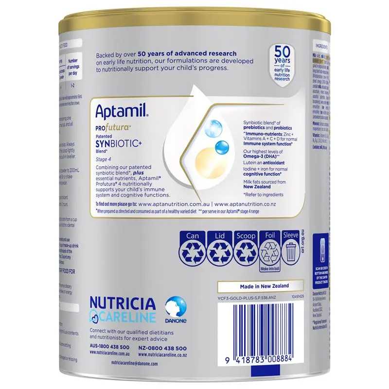 Aptamil Profutura Stage 4 900g tin packaging, premium junior milk drink for children 2+ years supporting growth, immunity, digestion and cognitive development