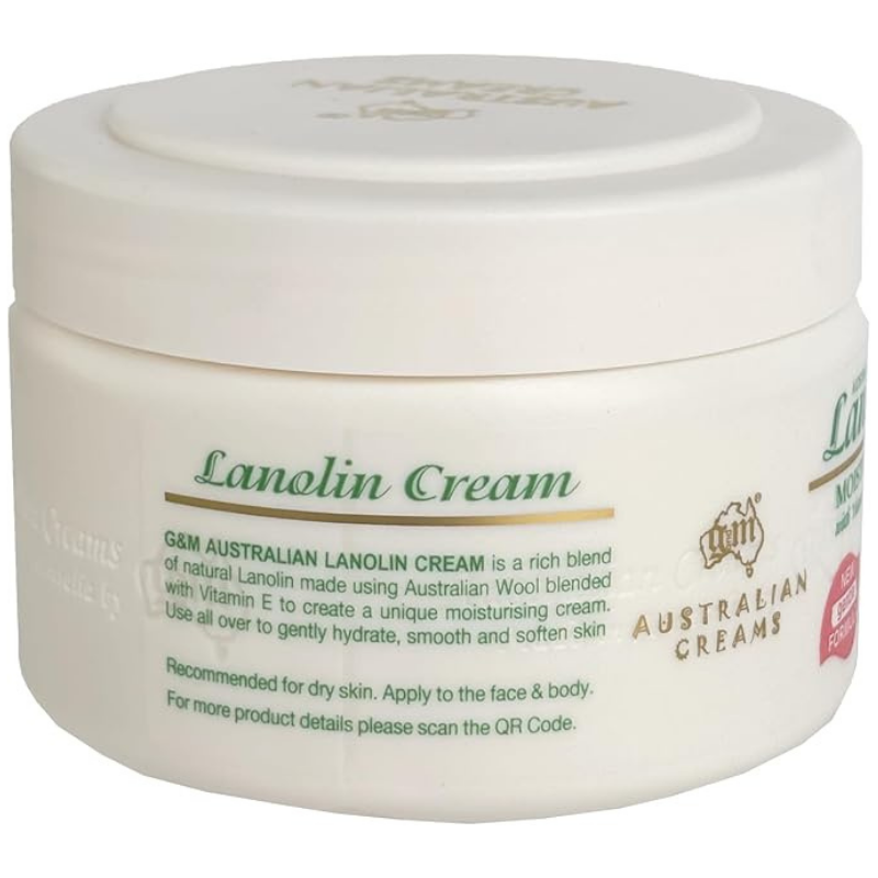 Australian Lanolin Oil Moisturising Cream 250g jar packaging, rich lanolin-based moisturising cream for dry skin hydration and skin barrier repair