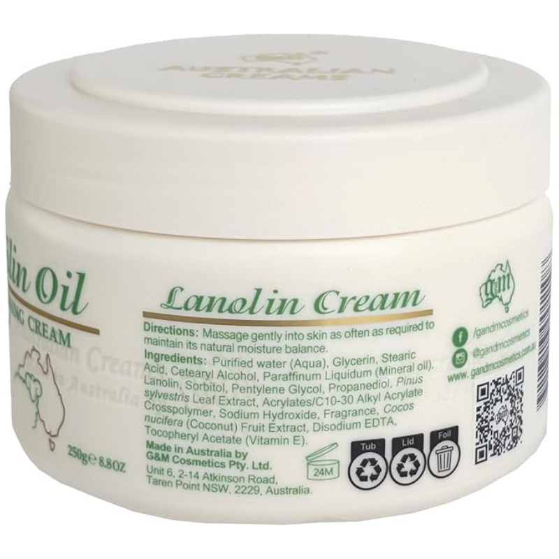 Australian Lanolin Oil Moisturising Cream 250g jar packaging, rich lanolin-based moisturising cream for dry skin hydration and skin barrier repair
