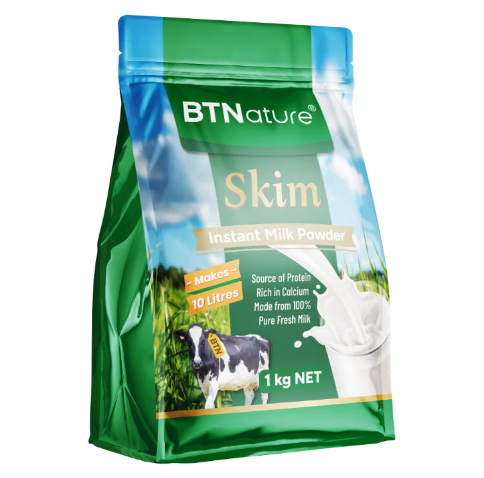 BTNature Skim Milk Powder 1kg, low-fat dairy milk powder rich in calcium and protein to support healthy daily nutrition, weight management and family use.