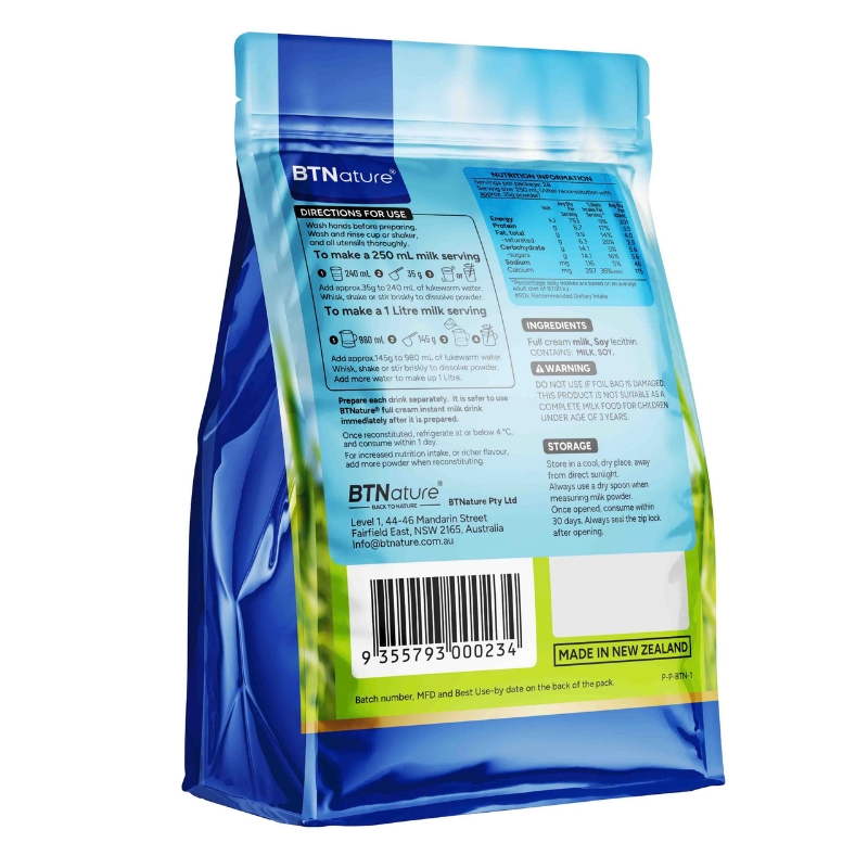 BTNature Full Cream Milk Powder 1kg, instant dairy milk powder rich in calcium and protein for daily nutrition, drinking, cooking and baking.