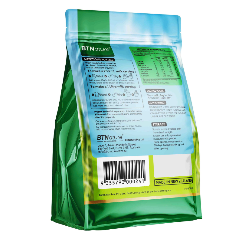 BTNature Skim Milk Powder 1kg, low-fat dairy milk powder rich in calcium and protein to support healthy daily nutrition, weight management and family use.